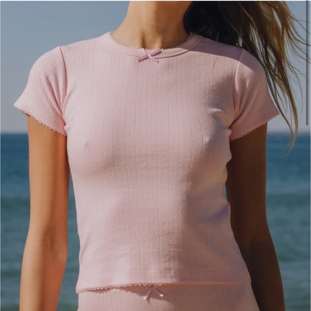 Daily Drills Pink Pointelle Rib Knit Lounge Set Top and Shorts XS/S